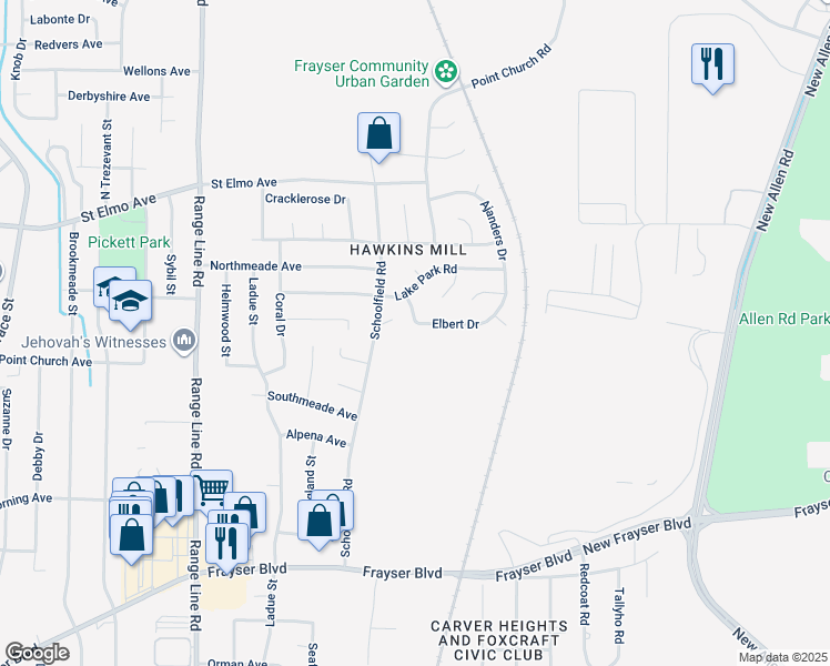 map of restaurants, bars, coffee shops, grocery stores, and more near 2909 Elbert Drive in Memphis