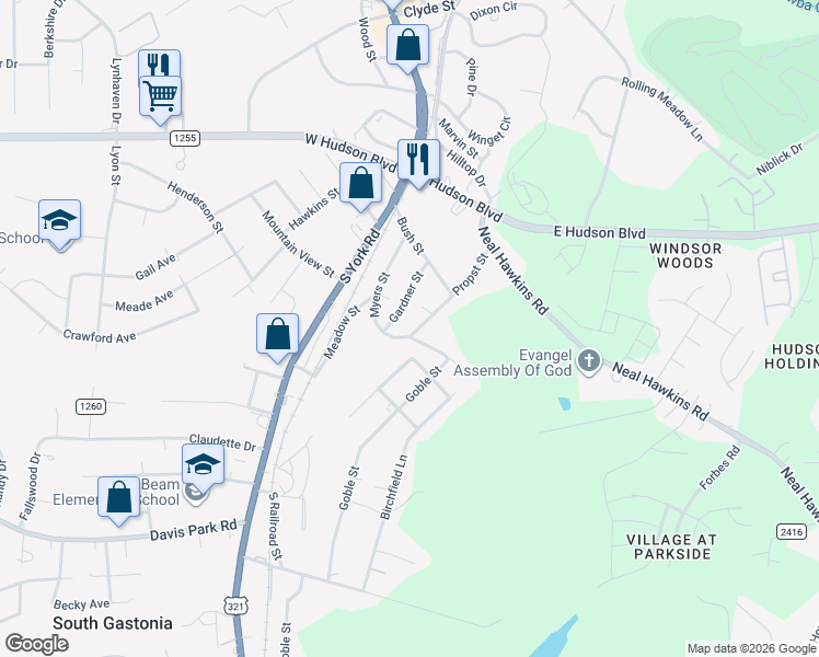 map of restaurants, bars, coffee shops, grocery stores, and more near 2433 Propst Street in Gastonia