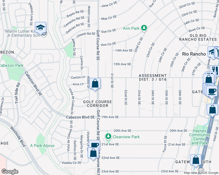 map of restaurants, bars, coffee shops, grocery stores, and more near 1613 31st Street Southeast in Rio Rancho