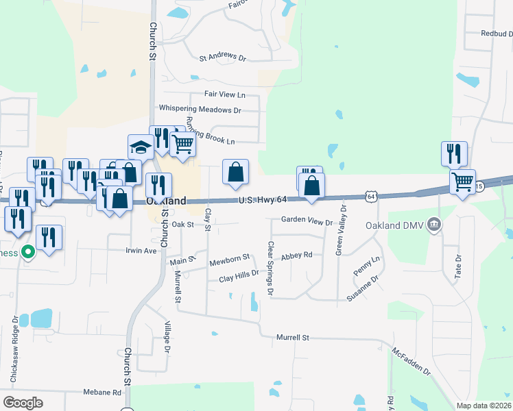 map of restaurants, bars, coffee shops, grocery stores, and more near 7540 U.S. 64 in Oakland
