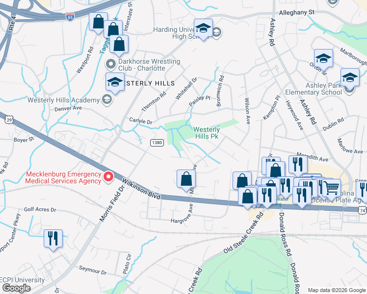 map of restaurants, bars, coffee shops, grocery stores, and more near in Charlotte