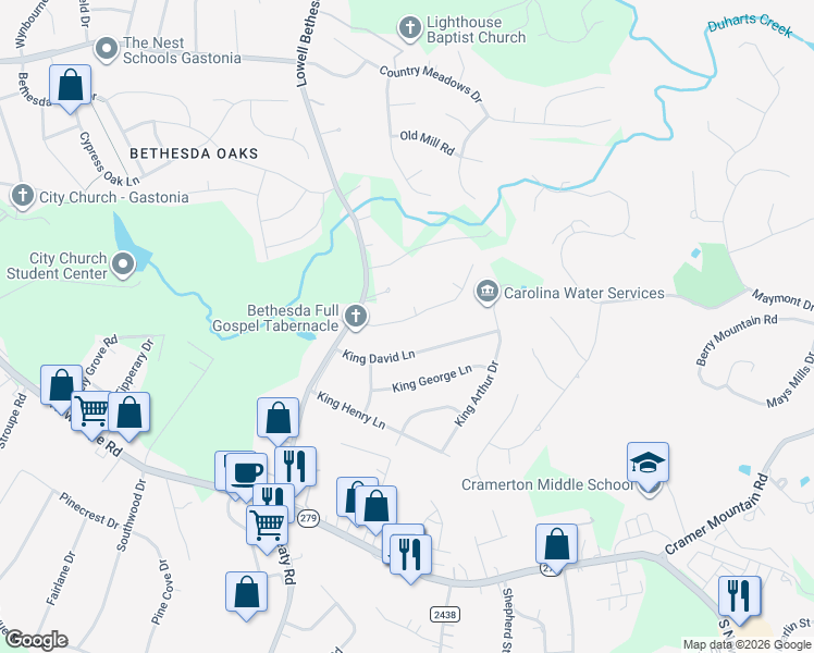 map of restaurants, bars, coffee shops, grocery stores, and more near 6001 Carson Spring Court in Gastonia