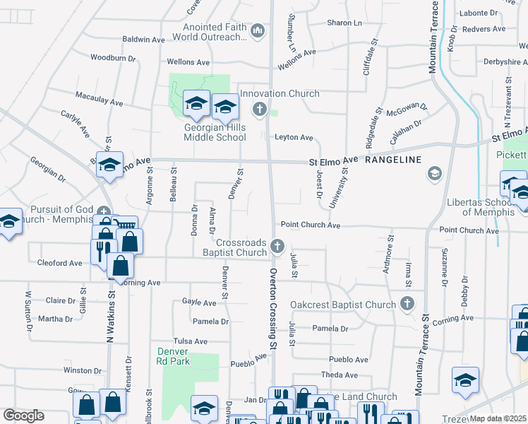 map of restaurants, bars, coffee shops, grocery stores, and more near 3781 Overton Crossing Street in Memphis