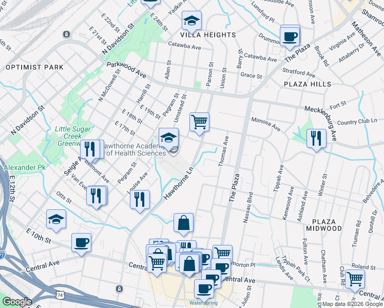 map of restaurants, bars, coffee shops, grocery stores, and more near 1529 Hawthorne Lane in Charlotte