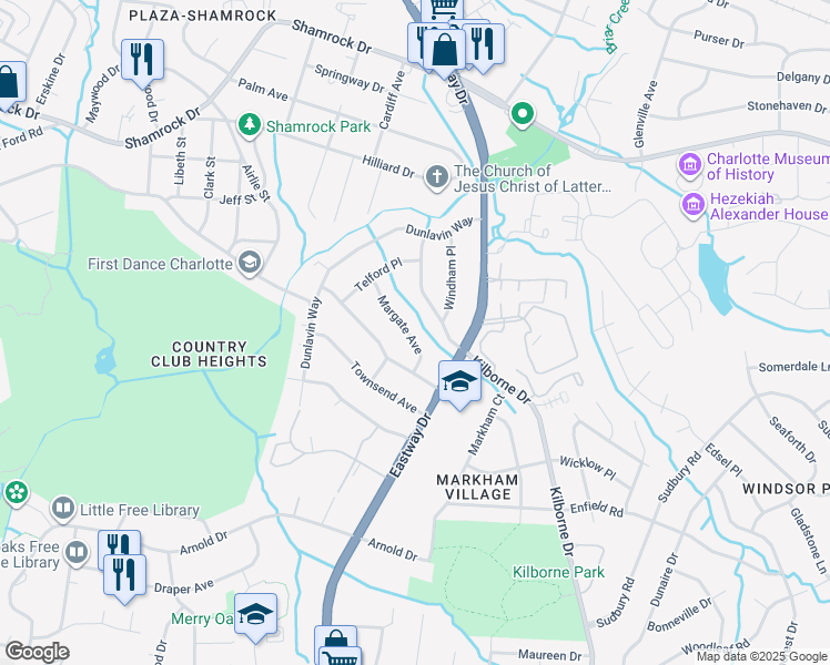 map of restaurants, bars, coffee shops, grocery stores, and more near 1964 Kilborne Drive in Charlotte