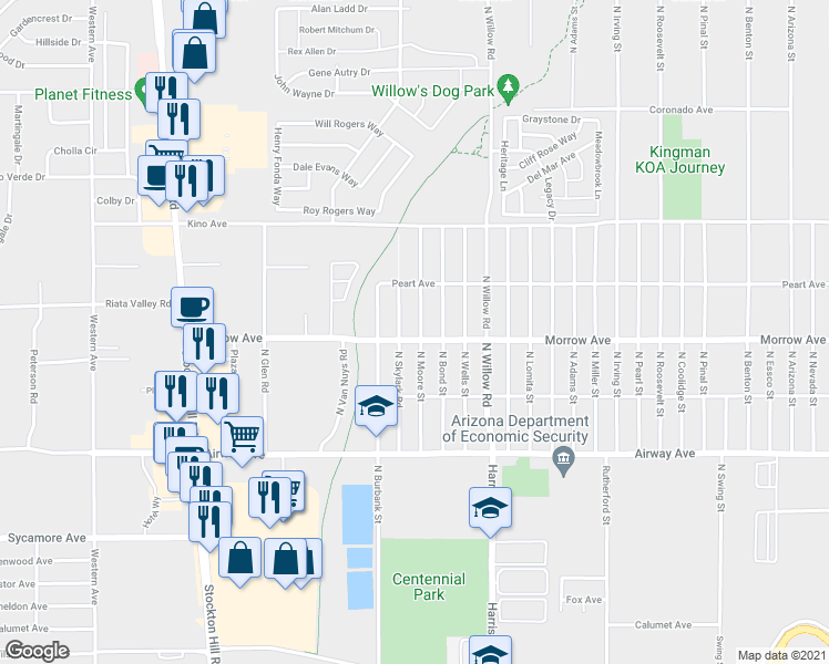 map of restaurants, bars, coffee shops, grocery stores, and more near 3631 North Moore Street in Kingman