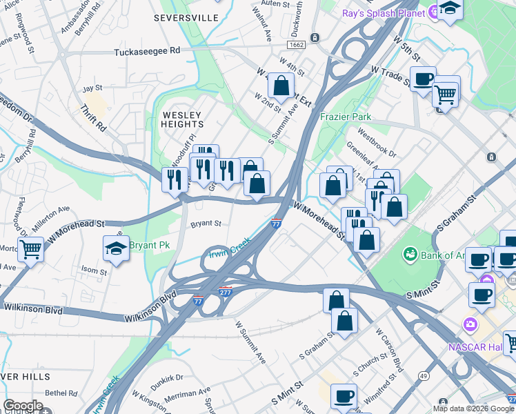 map of restaurants, bars, coffee shops, grocery stores, and more near in Charlotte