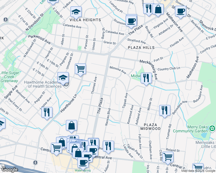 map of restaurants, bars, coffee shops, grocery stores, and more near in Charlotte
