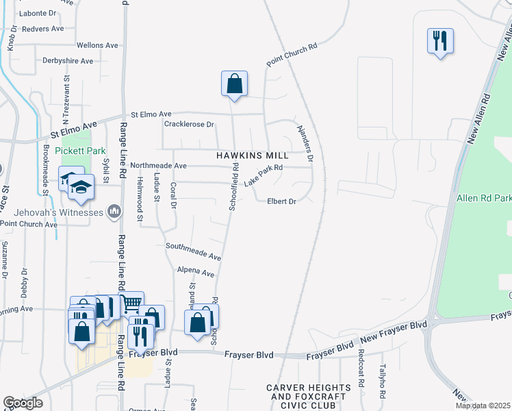 map of restaurants, bars, coffee shops, grocery stores, and more near 2909 Elbert Drive in Memphis