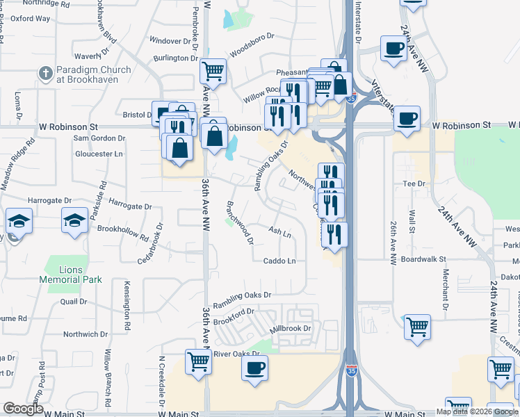 map of restaurants, bars, coffee shops, grocery stores, and more near 816 Ash Court in Norman