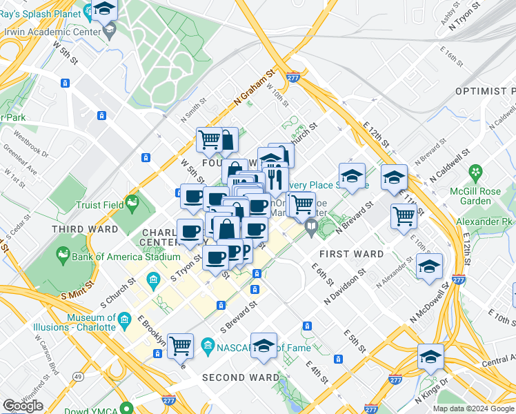 map of restaurants, bars, coffee shops, grocery stores, and more near East 6th Street & West 6th Street in Charlotte