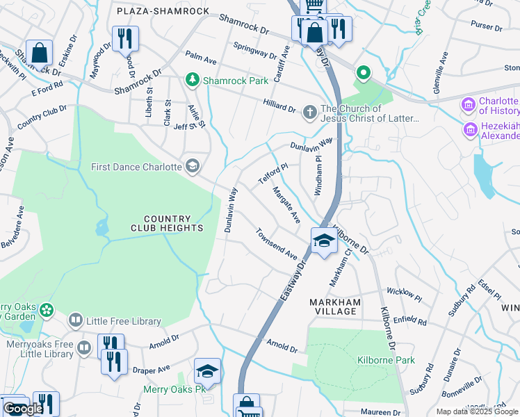 map of restaurants, bars, coffee shops, grocery stores, and more near 1926 Sandhurst Drive in Charlotte