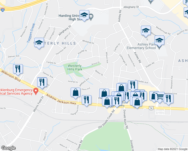 map of restaurants, bars, coffee shops, grocery stores, and more near 3624 Simmons Street in Charlotte