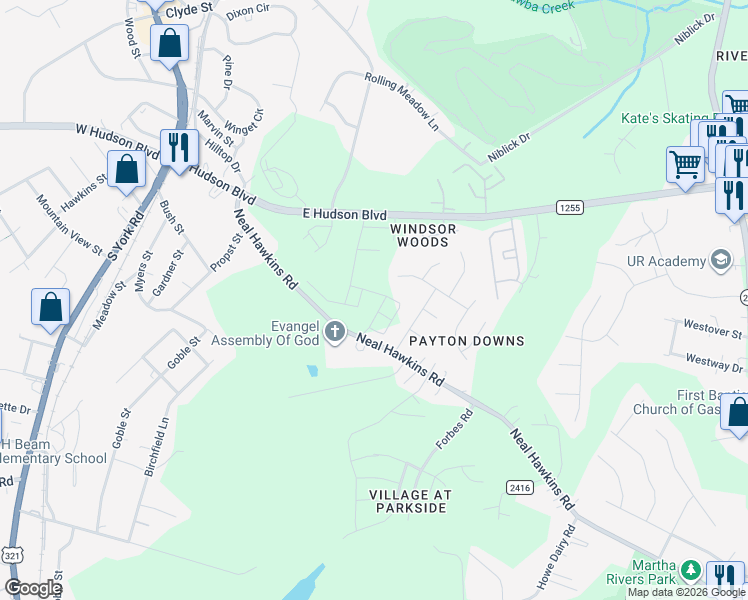 map of restaurants, bars, coffee shops, grocery stores, and more near 624 Neal Hawkins Road in Gastonia