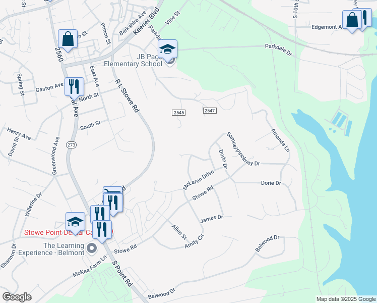 map of restaurants, bars, coffee shops, grocery stores, and more near 6013 Thorburn Way in Belmont