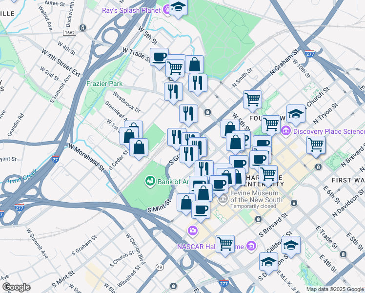 map of restaurants, bars, coffee shops, grocery stores, and more near 360 South Graham Street in Charlotte