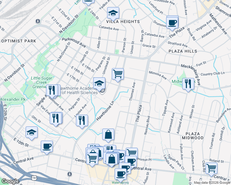 map of restaurants, bars, coffee shops, grocery stores, and more near in Charlotte
