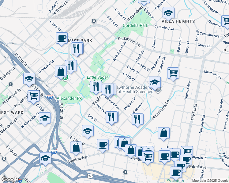 map of restaurants, bars, coffee shops, grocery stores, and more near in Charlotte