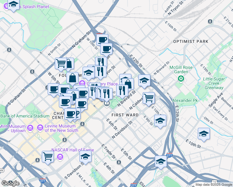 map of restaurants, bars, coffee shops, grocery stores, and more near in Charlotte