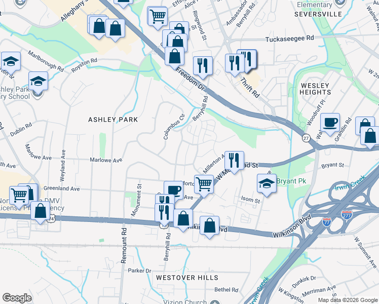 map of restaurants, bars, coffee shops, grocery stores, and more near in Charlotte