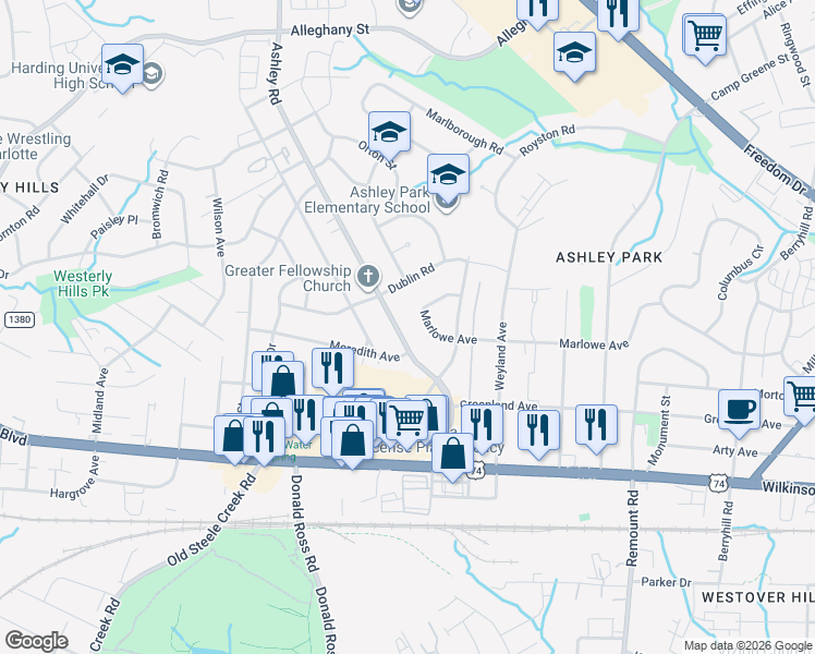 map of restaurants, bars, coffee shops, grocery stores, and more near 2531 Ashley Road in Charlotte