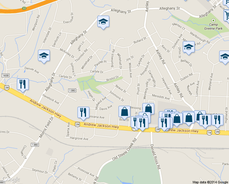map of restaurants, bars, coffee shops, grocery stores, and more near 3613 Beaux Street in Charlotte