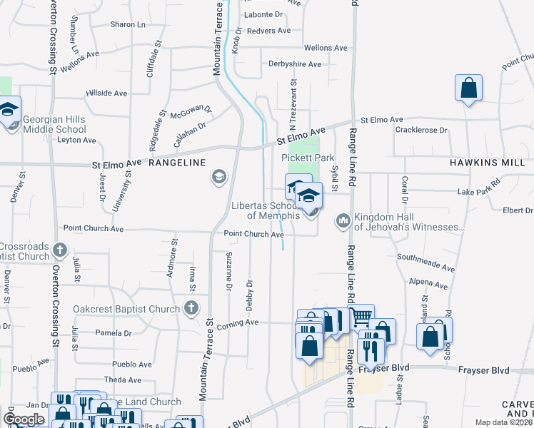 map of restaurants, bars, coffee shops, grocery stores, and more near 3795 Brookmeade Street in Memphis