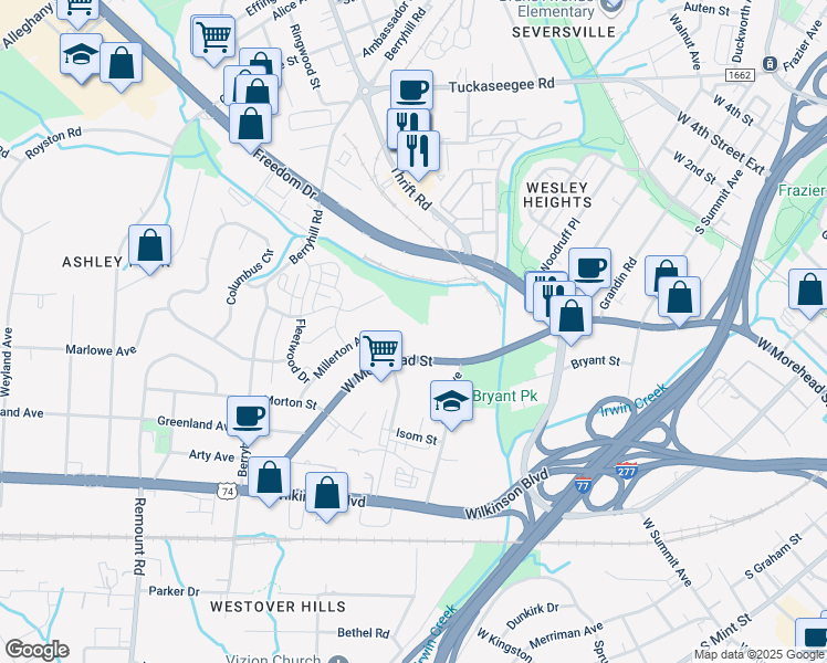 map of restaurants, bars, coffee shops, grocery stores, and more near 2016 Millerton Avenue in Charlotte