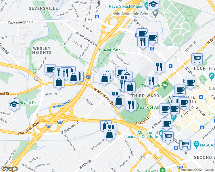 map of restaurants, bars, coffee shops, grocery stores, and more near 970 West Hill Street in Charlotte