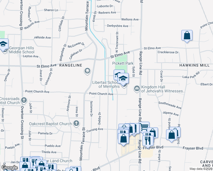 map of restaurants, bars, coffee shops, grocery stores, and more near 3795 Brookmeade Street in Memphis