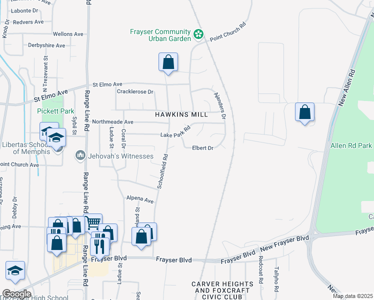 map of restaurants, bars, coffee shops, grocery stores, and more near 2909 Elbert Drive in Memphis