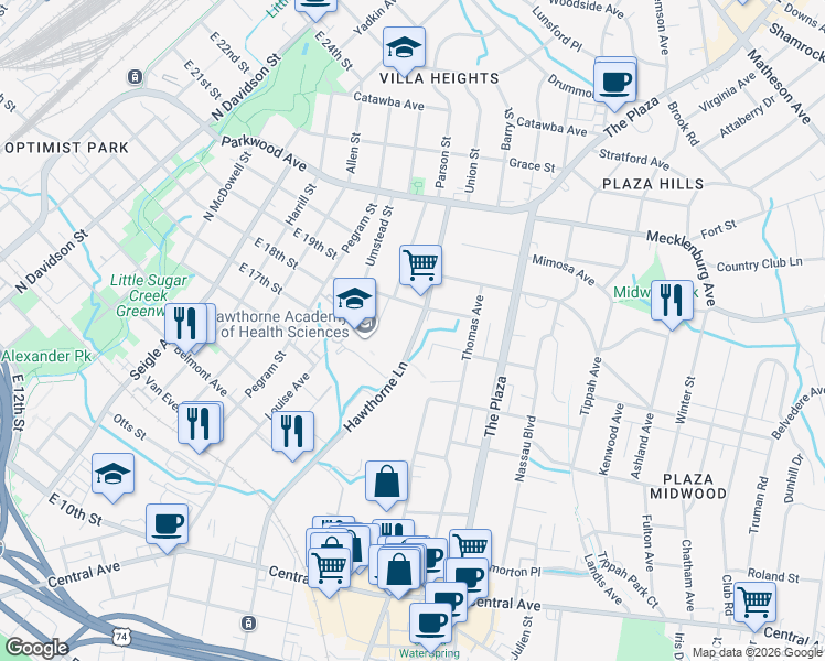 map of restaurants, bars, coffee shops, grocery stores, and more near 1529 Hawthorne Lane in Charlotte