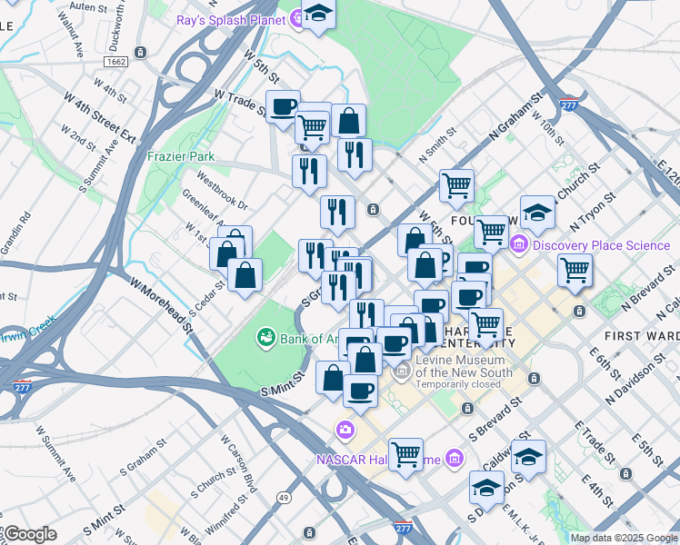 map of restaurants, bars, coffee shops, grocery stores, and more near 325 S Graham St in Charlotte