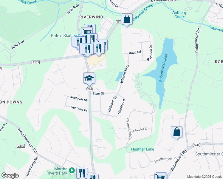 map of restaurants, bars, coffee shops, grocery stores, and more near 728 Elam Street in Gastonia