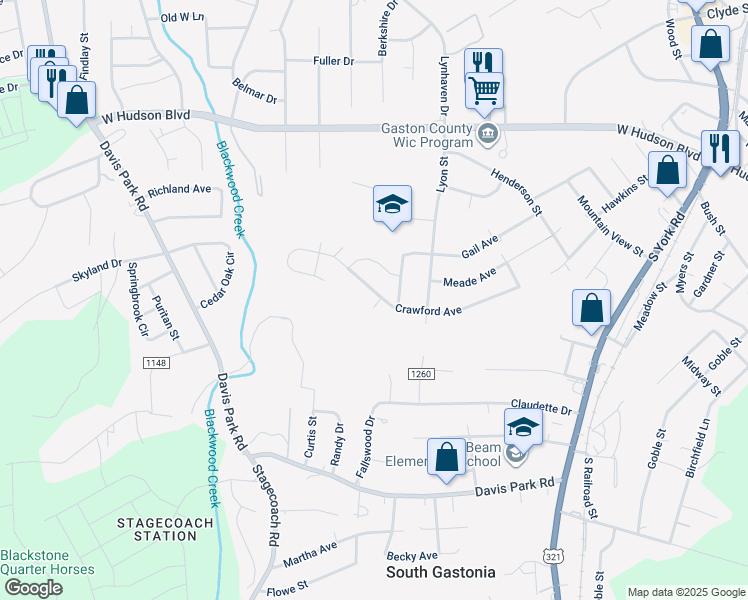map of restaurants, bars, coffee shops, grocery stores, and more near 3024 Crawford Avenue in Gastonia