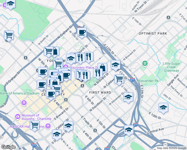 map of restaurants, bars, coffee shops, grocery stores, and more near 229 East 8th Street in Charlotte