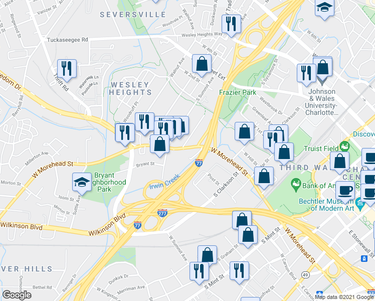 map of restaurants, bars, coffee shops, grocery stores, and more near 1227 West Morehead Street in Charlotte