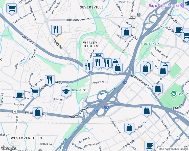 map of restaurants, bars, coffee shops, grocery stores, and more near 1527 West Morehead Street in Charlotte