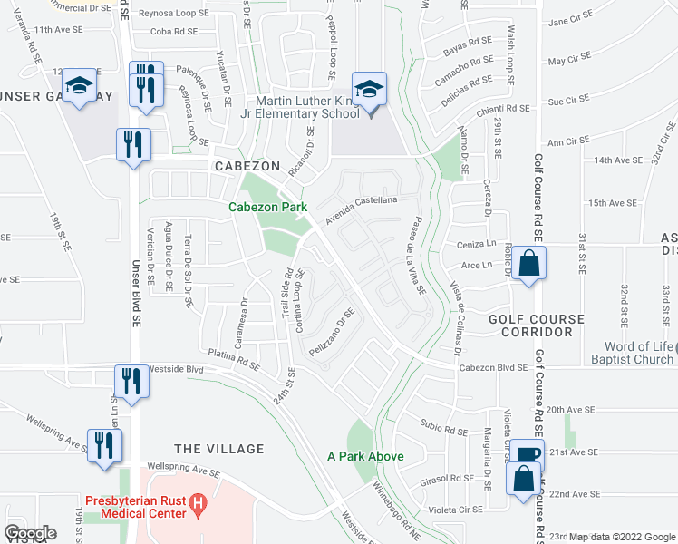 map of restaurants, bars, coffee shops, grocery stores, and more near 1713 Cortina Loop Southeast in Rio Rancho