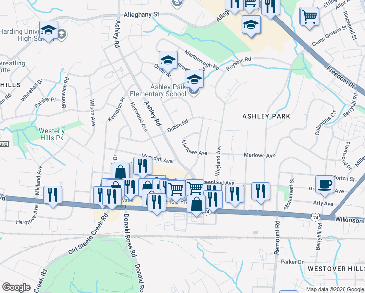 map of restaurants, bars, coffee shops, grocery stores, and more near 2531 Ashley Road in Charlotte