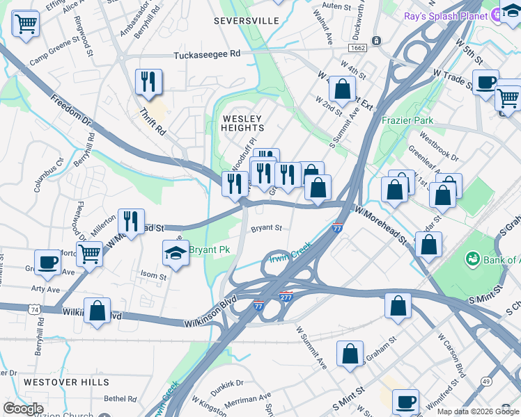 map of restaurants, bars, coffee shops, grocery stores, and more near 1527 West Morehead Street in Charlotte