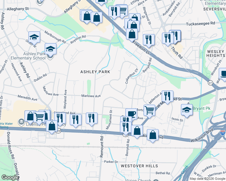 map of restaurants, bars, coffee shops, grocery stores, and more near in Charlotte