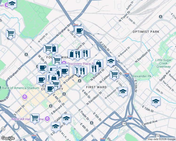 map of restaurants, bars, coffee shops, grocery stores, and more near 229 East 8th Street in Charlotte