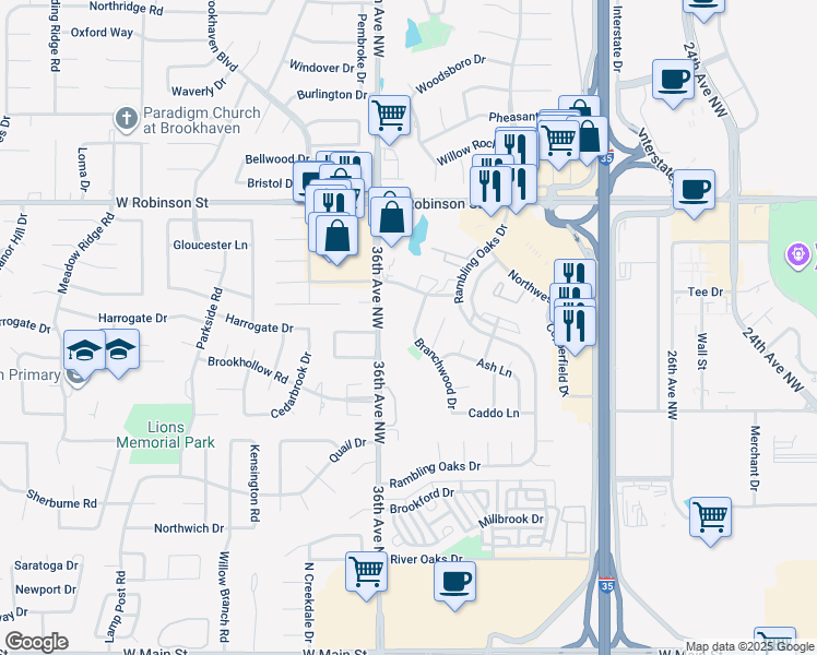 map of restaurants, bars, coffee shops, grocery stores, and more near 912 Branchwood Drive in Norman