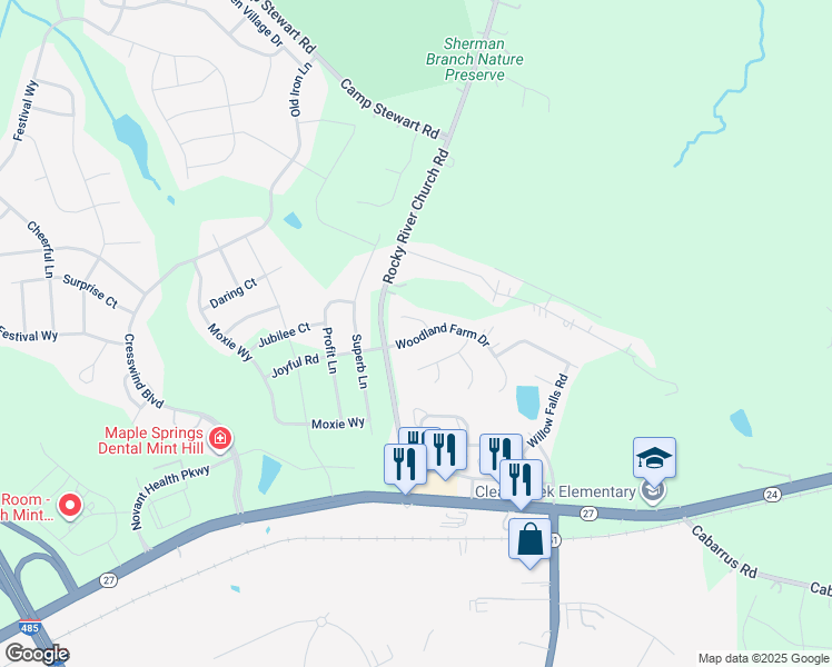map of restaurants, bars, coffee shops, grocery stores, and more near 13029 Woodland Farm Drive in Charlotte
