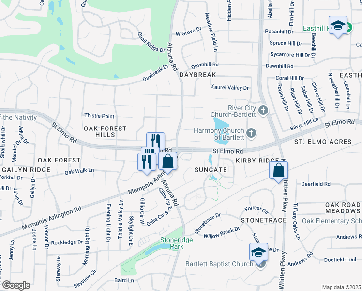 map of restaurants, bars, coffee shops, grocery stores, and more near 3785 Altruria Road in Memphis
