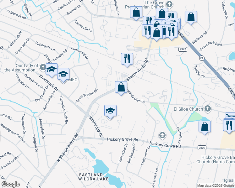 map of restaurants, bars, coffee shops, grocery stores, and more near 4716 Kimmerly Glen Lane in Charlotte