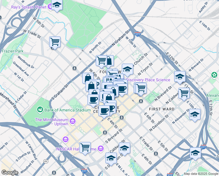 map of restaurants, bars, coffee shops, grocery stores, and more near 206 North Church Street in Charlotte