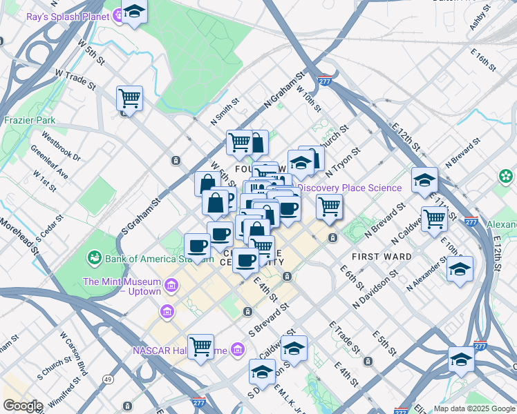 map of restaurants, bars, coffee shops, grocery stores, and more near 206 North Church Street in Charlotte