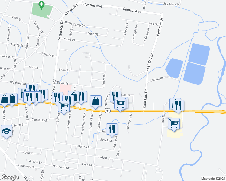 map of restaurants, bars, coffee shops, grocery stores, and more near 180 Hardin Road in Savannah